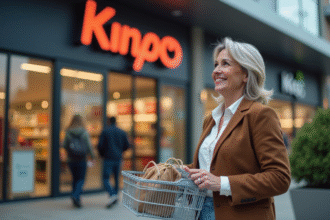 Femme souriante avec panier devant supermarche moderne