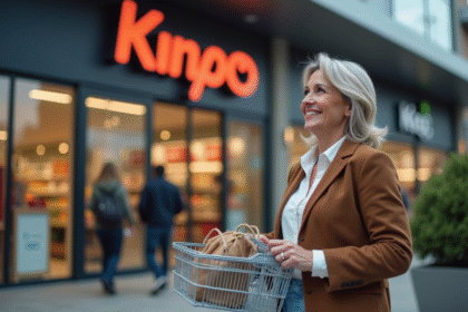 Femme souriante avec panier devant supermarche moderne
