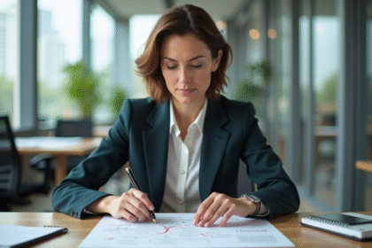 Femme d'une trentaine d'années avec un blazer regardant une carte mentale