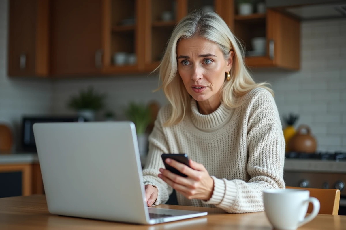 Femme suivant le suivi de son colis DHL en retard sur ordinateur et smartphone à la maison