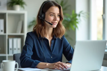 Femme en télétravail dans un bureau à domicile, casque sur les oreilles, travaillant sur un ordinateur portable dans un cadre professionnel et organisé