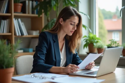 Femme concentrée travaillant à son bureau à domicile