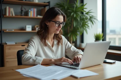 Femme concentrée travaillant sur son ordinateur dans un appartement moderne