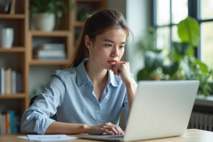 Jeune femme au bureau en train de consulter du contenu AI