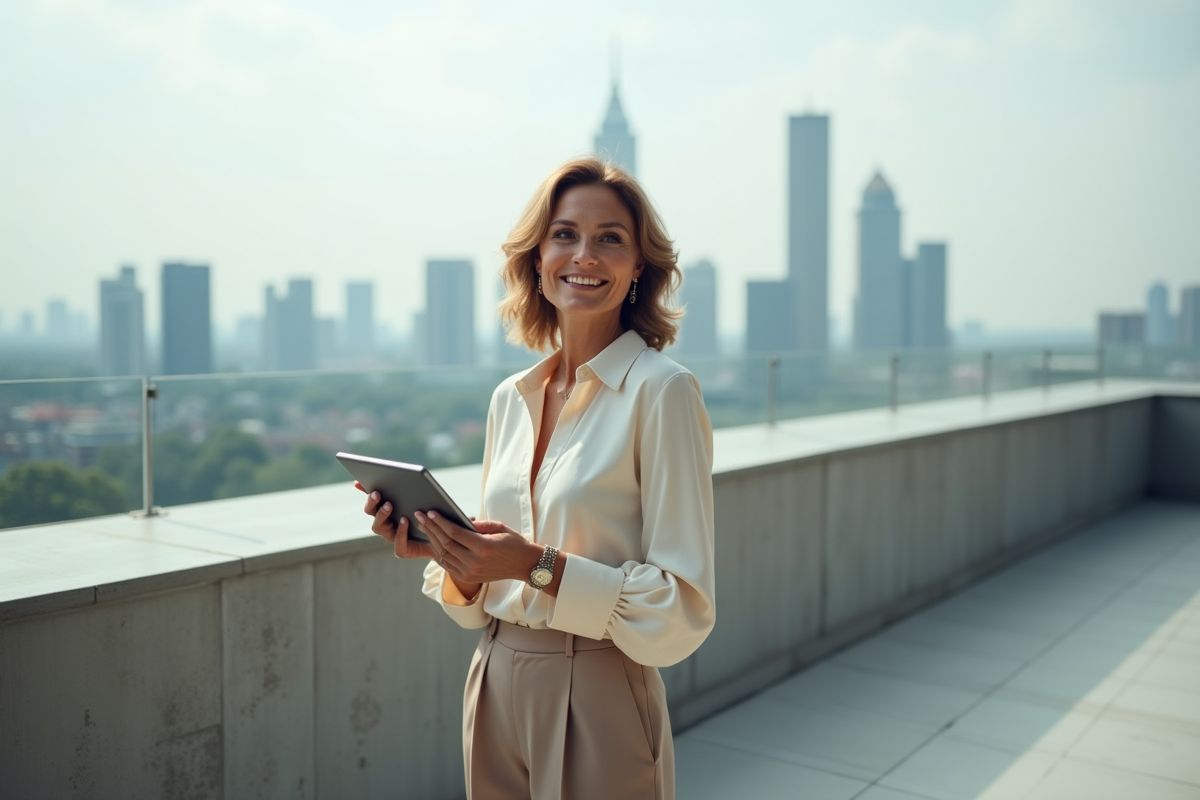 Femme confiante en blouse crème sur un toit urbain