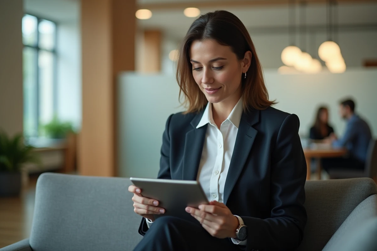 Femme d affaires utilisant une tablette dans un lounge universitaire