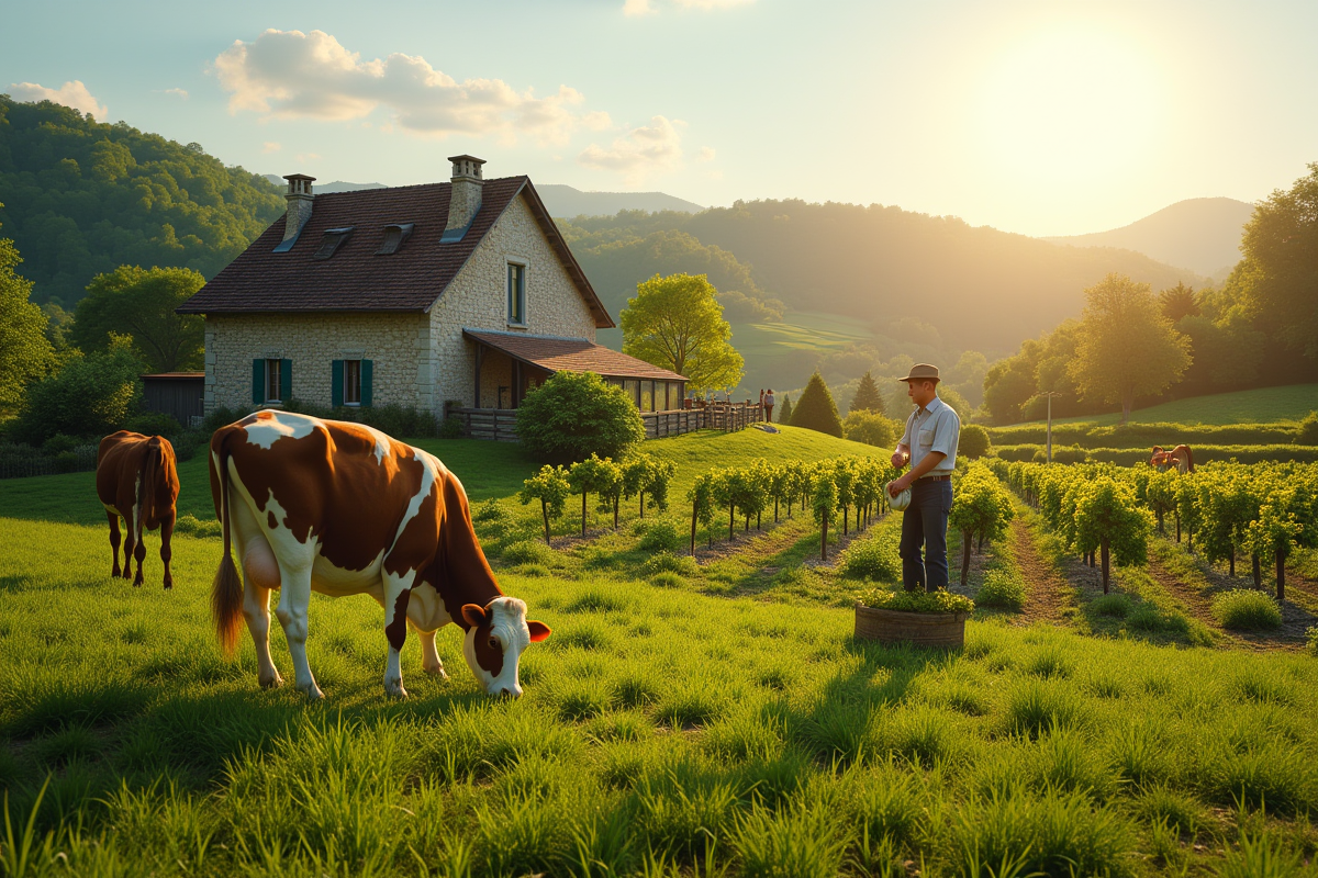 Ferme française avec vaches, maison en pierre et vignobles
