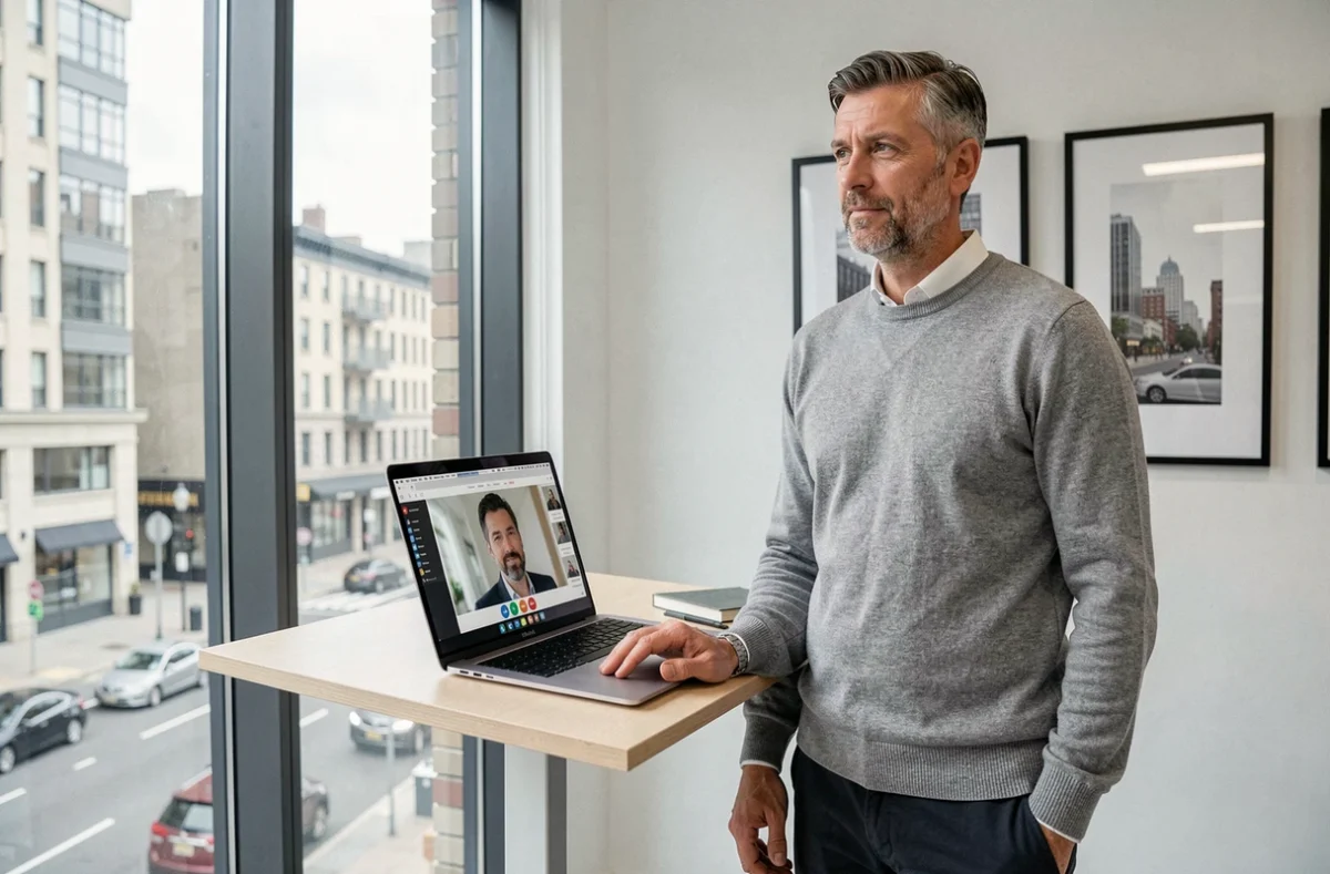 Freelance masculin en portage salarial travaillant en téléconsultation depuis un bureau professionnel à Agen