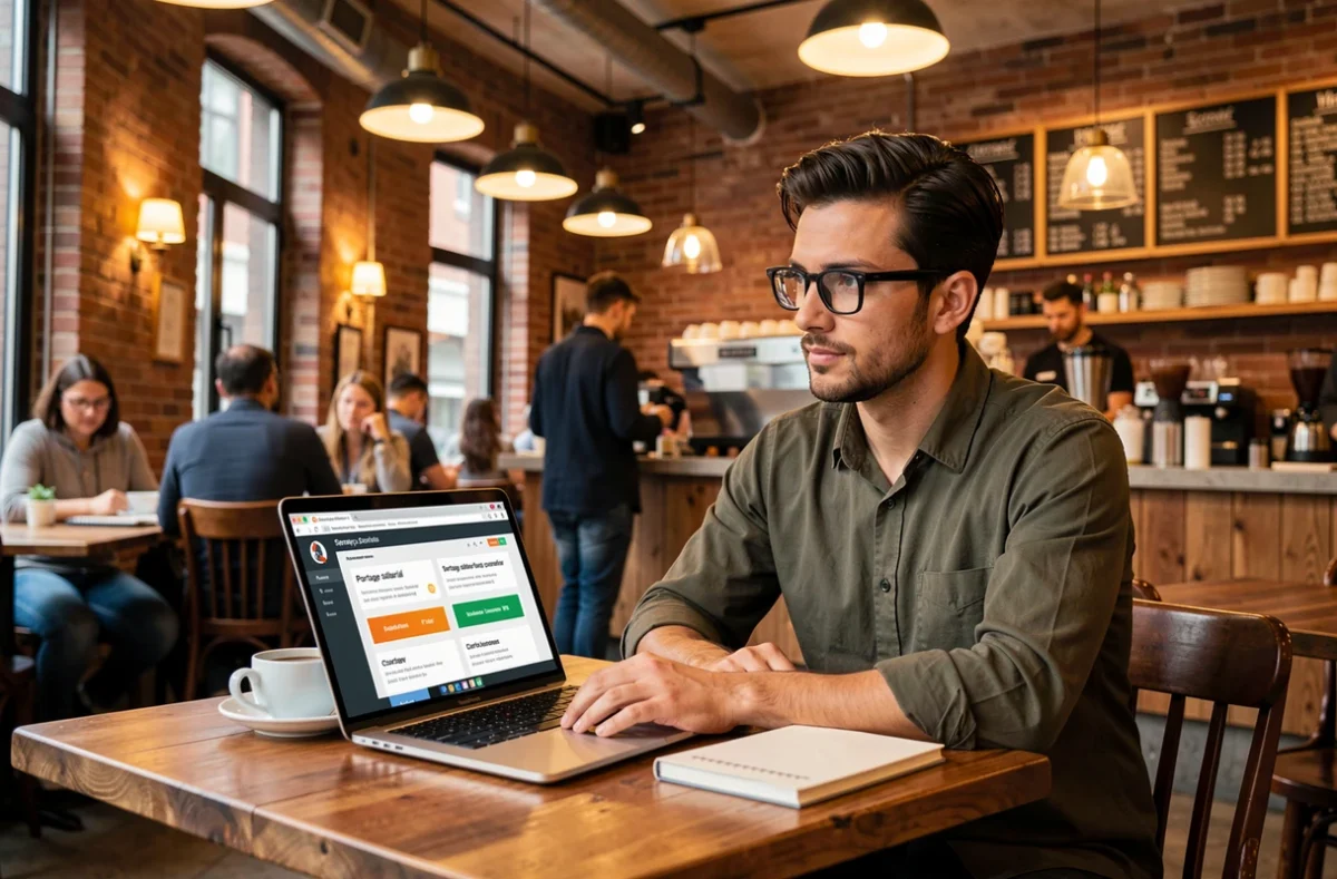 Freelance consultant recherchant des avis sur une plateforme de portage salarial dans un café