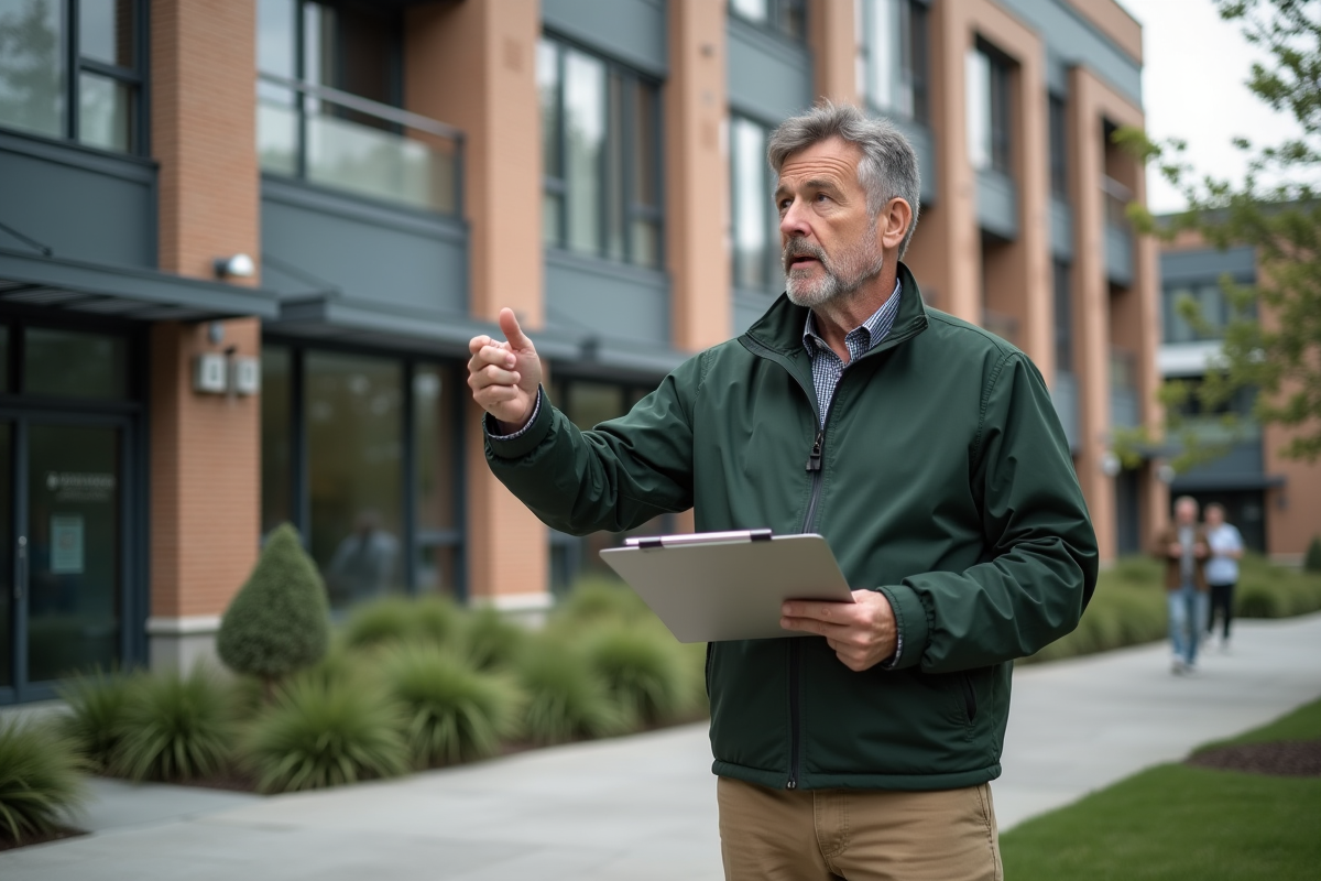 Gestionnaire de bâtiment devant une construction moderne