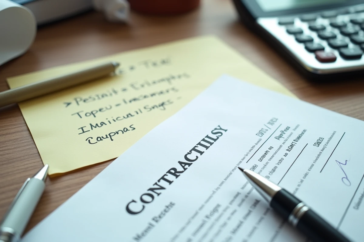 Gros plan sur un devis signé avec une signature manuscrite et un reçu d'acompte sur un bureau encombré