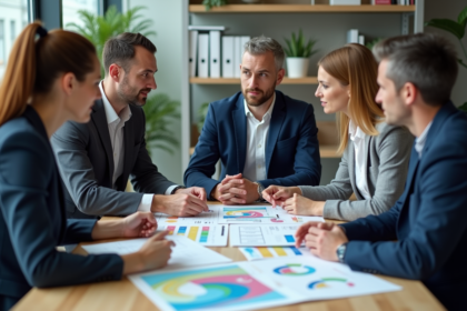 Groupe de professionnels discutant autour d'une table avec infographies 8P