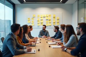 Groupe de professionnels autour d'une table avec idées créatives
