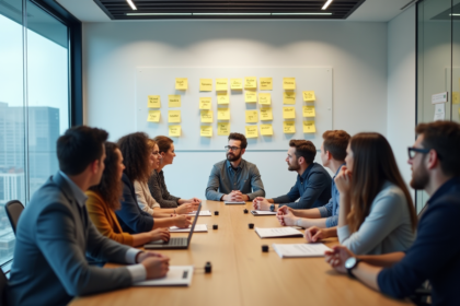 Groupe de professionnels autour d'une table avec idées créatives