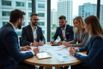Groupe de professionnels en réunion autour de tableaux de marché