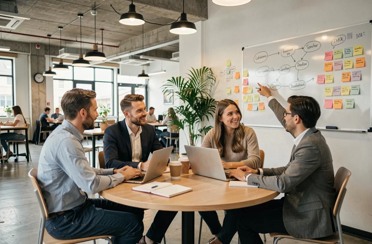 Groupe de professionnels en réunion collaborative dans un espace de coworking à Beauvais, discutant autour d'une table avec tableau blanc