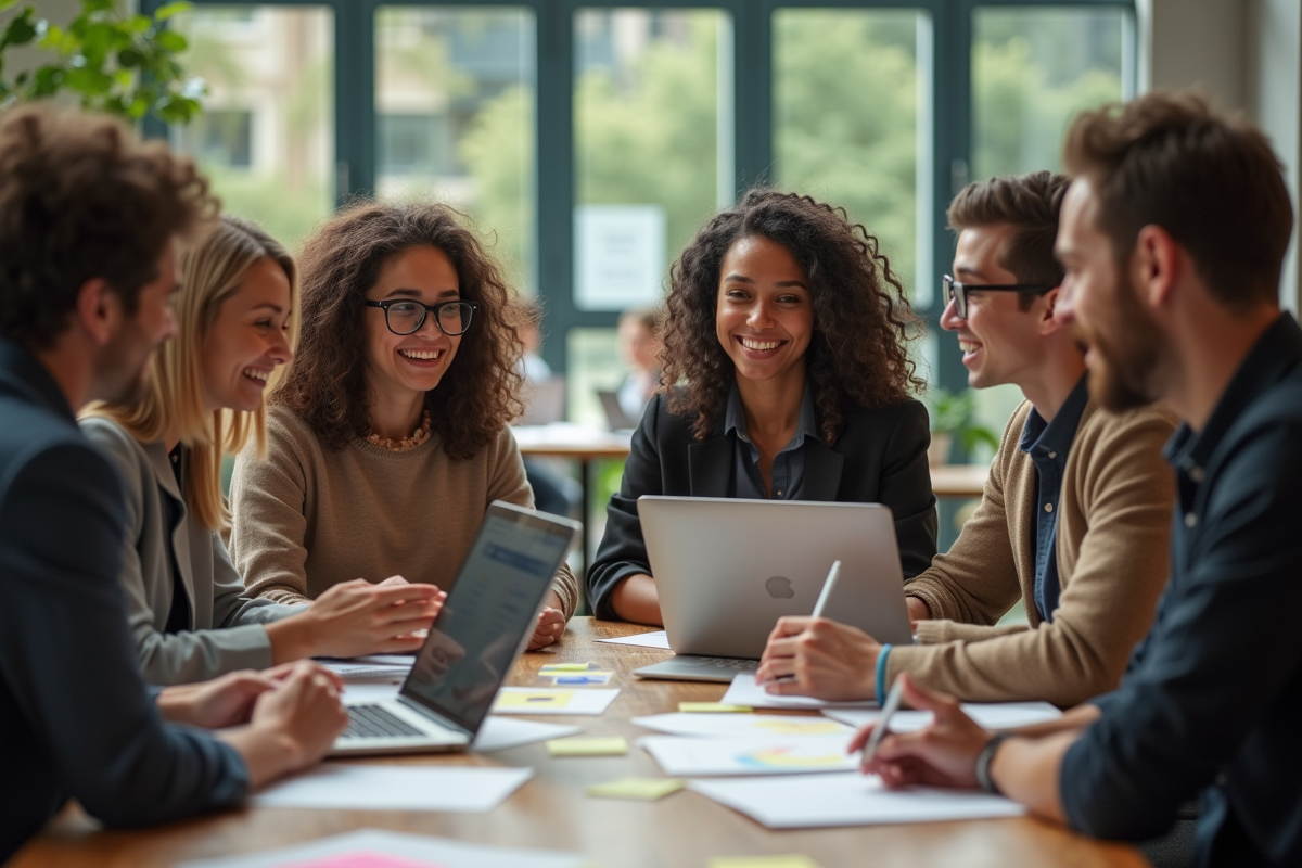 Jeunes adultes en discussion dans un espace de coworking