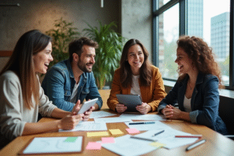 Groupe de jeunes adultes collaborant dans un espace coworking