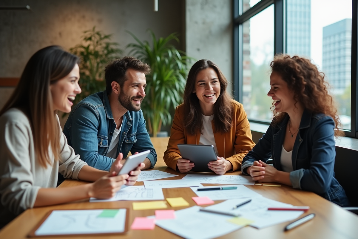 Groupe de jeunes adultes collaborant dans un espace coworking