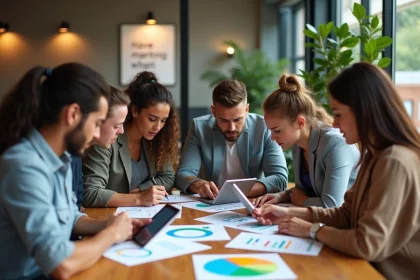 Groupe de jeunes adultes analysant des diagrammes marketing