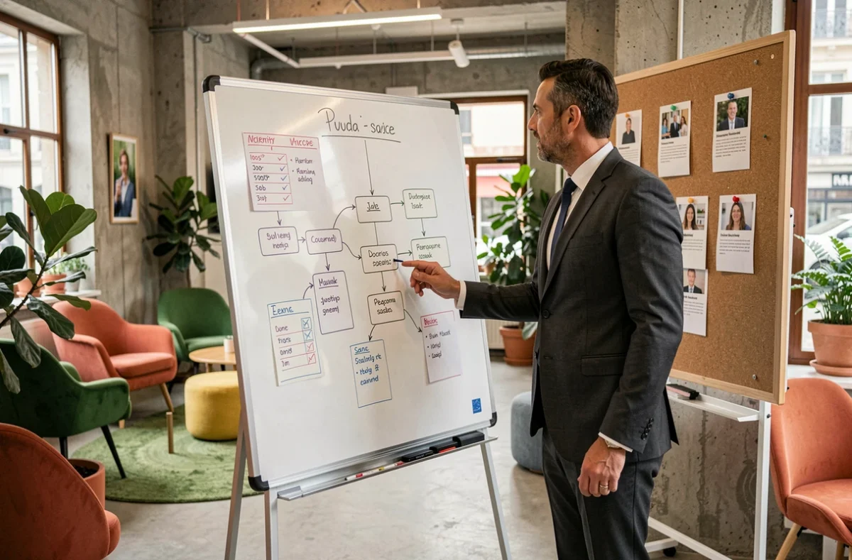 Consultant Harry Hope Nice présentant des profils de candidats dans un espace de coworking dynamique