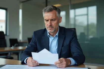 Homme d'affaires en costume lisant des documents