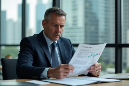 Homme d'affaires en costume bleu étude rapport d'investissement