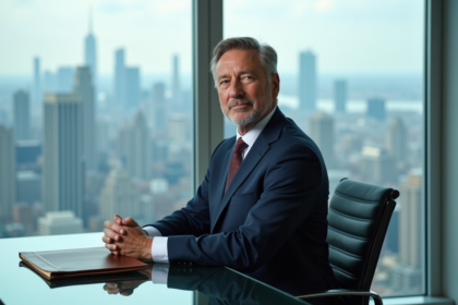 Homme d'affaires en costume navy dans un bureau haut de gamme