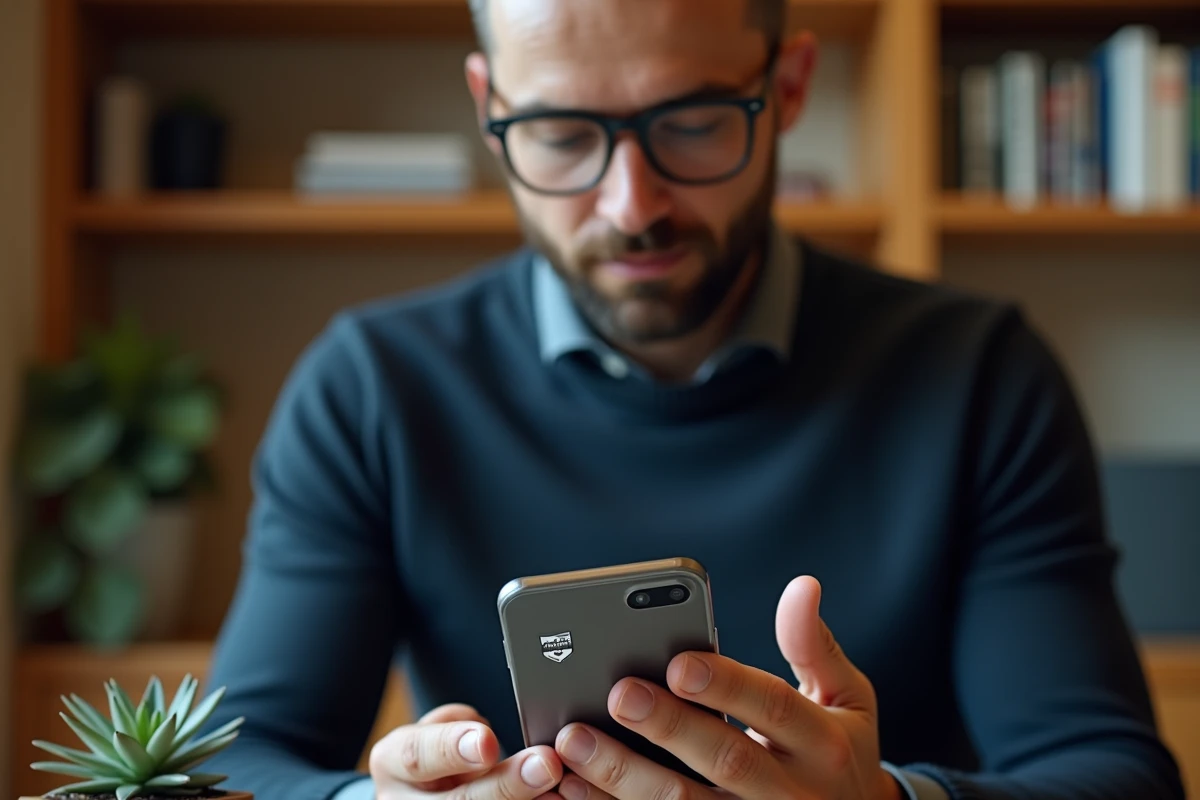 Homme vérifiant une authentification à deux facteurs sur smartphone pour sécuriser ses données personnelles dans agendis22