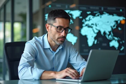 Homme d'affaires concentré devant son ordinateur en bureau moderne