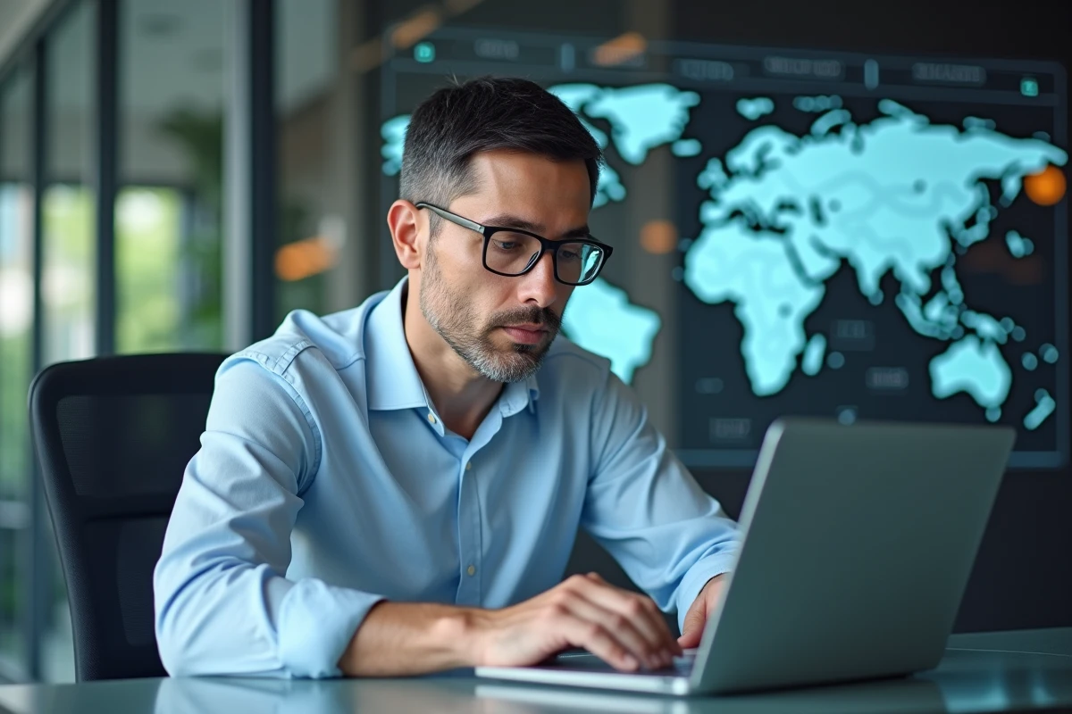 Homme d'affaires concentré devant son ordinateur en bureau moderne