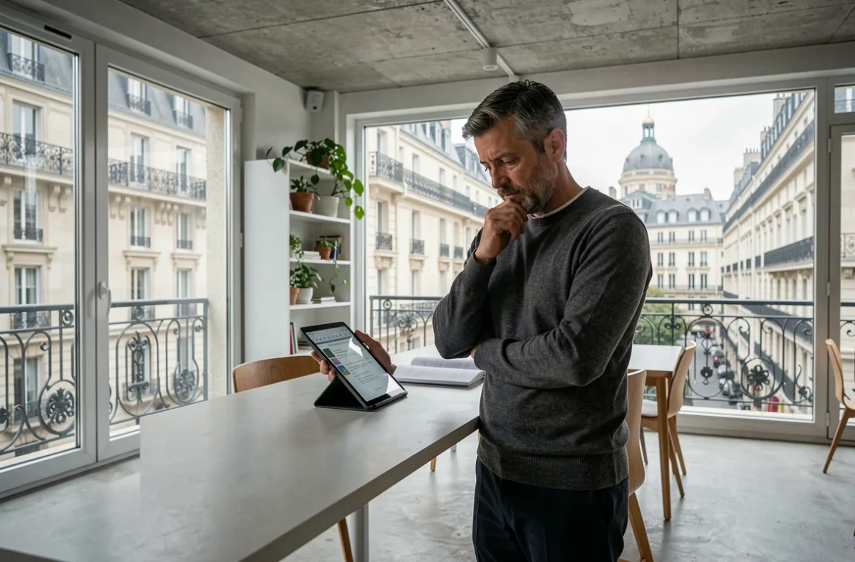 Homme debout à un bureau réglable dans un coworking du 9e arrondissement avec vue sur les façades haussmanniennes près de l'Opéra
