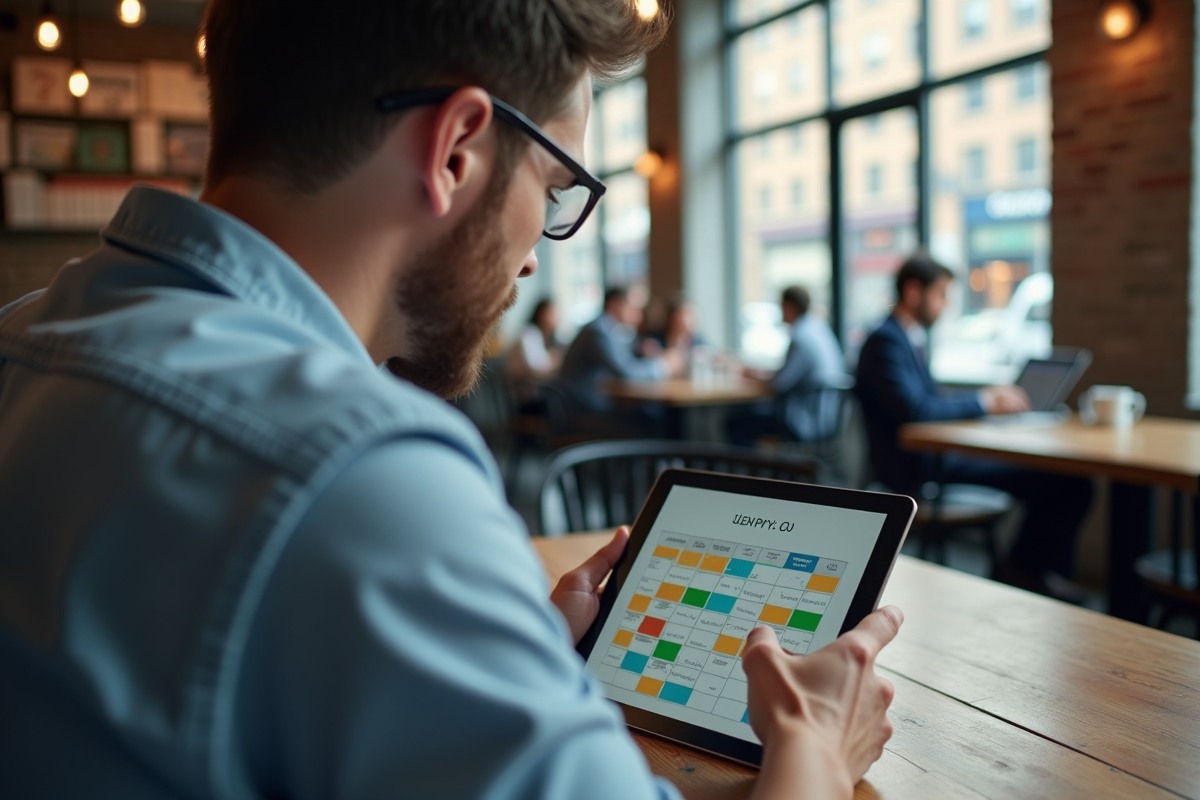 Homme utilisant tablette pour calendrier au café urbain