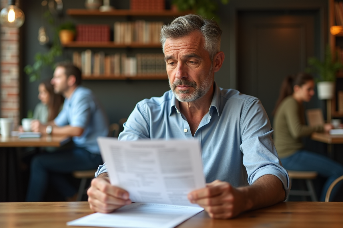 Homme d age en tenue casual dans un café lisant un CV