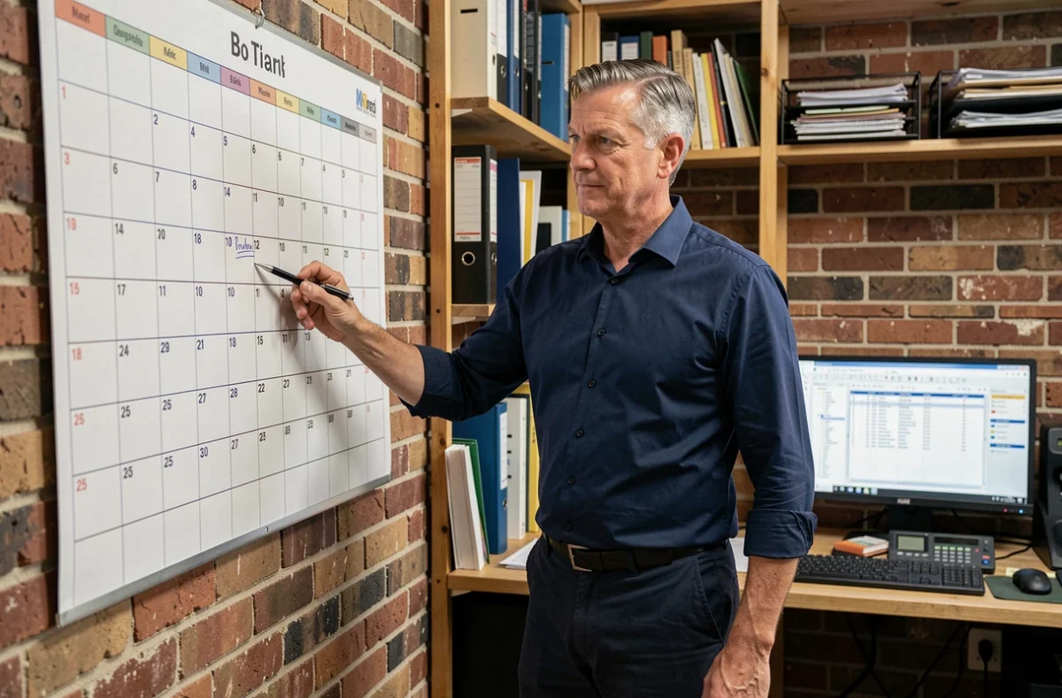 Homme d'affaires indiquant des dates sur un calendrier mural pour comptabiliser les jours travaillés selon la règle des 35 heures annuelles
