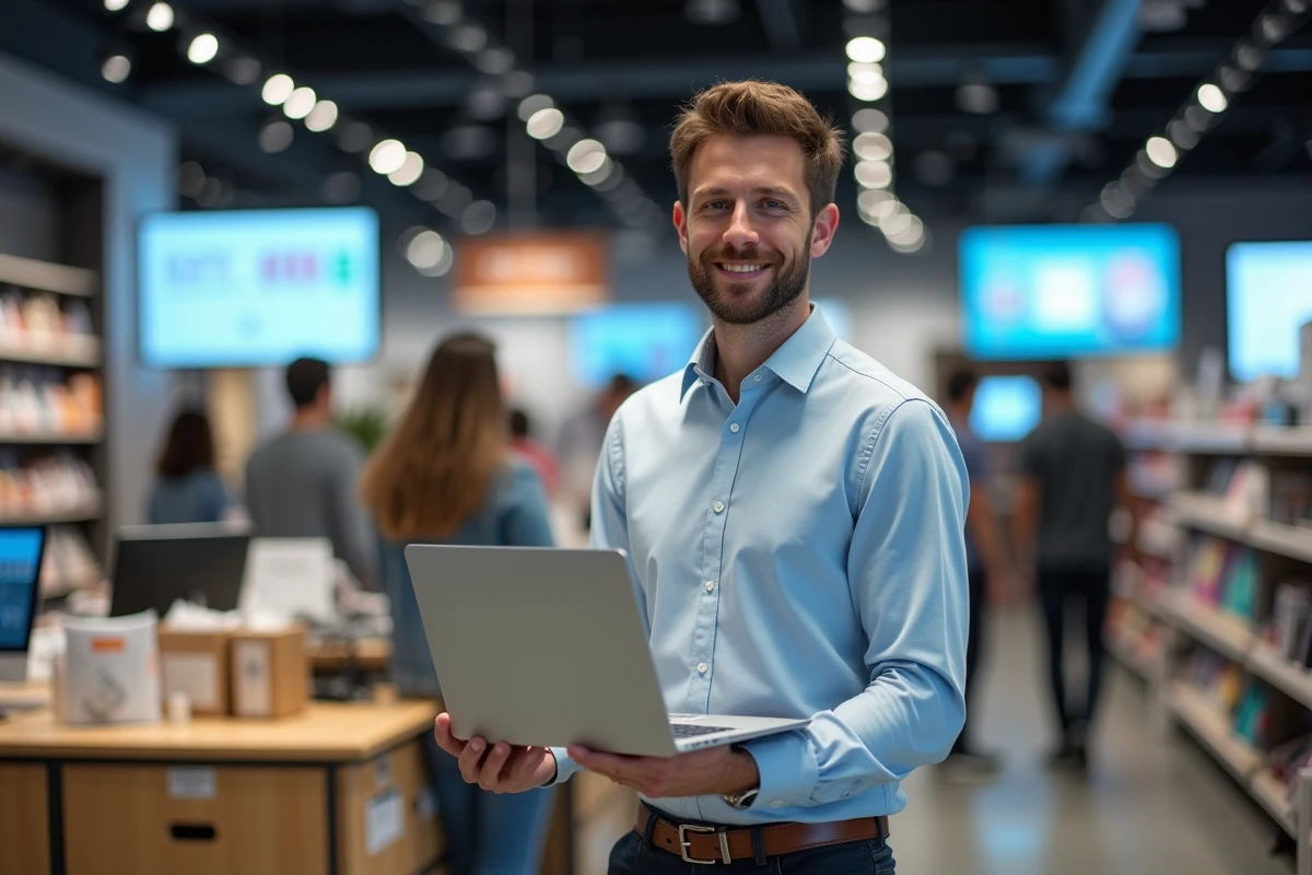 Homme d affaires analysant des données dans un magasin animé