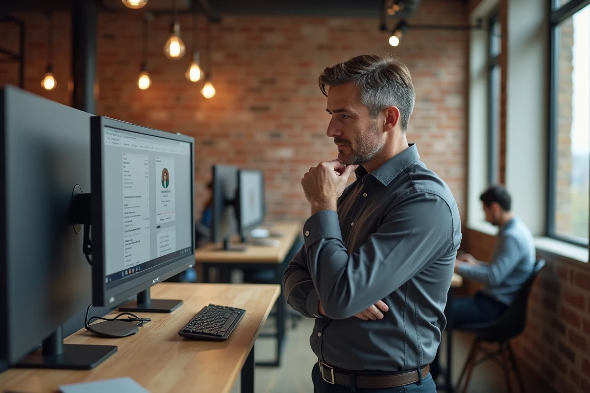 Homme en coworking consultant son profil de candidature ciblée sur une plateforme de rencontres emploi