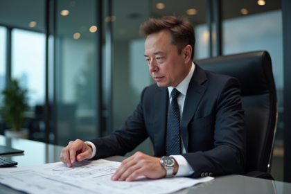 Homme d affaires en costume examinant un plan dans un bureau moderne