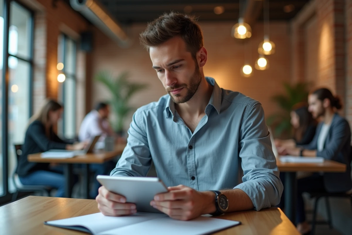 Homme tapant une facture sur une tablette en coworking