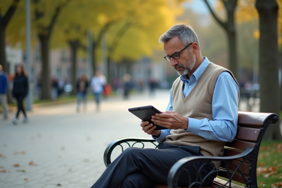 Homme lisant sur une tablette dans un parc en plein air