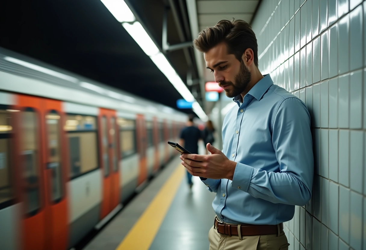 Homme dans le métro parisien vérifiant ses statistiques sur smartphone