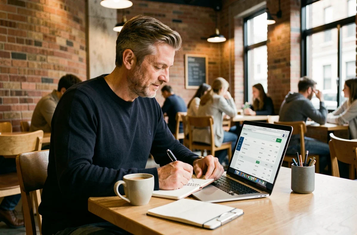 Homme prenant des notes sur un guide de prix digital dans un café urbain avec ordinateur portable