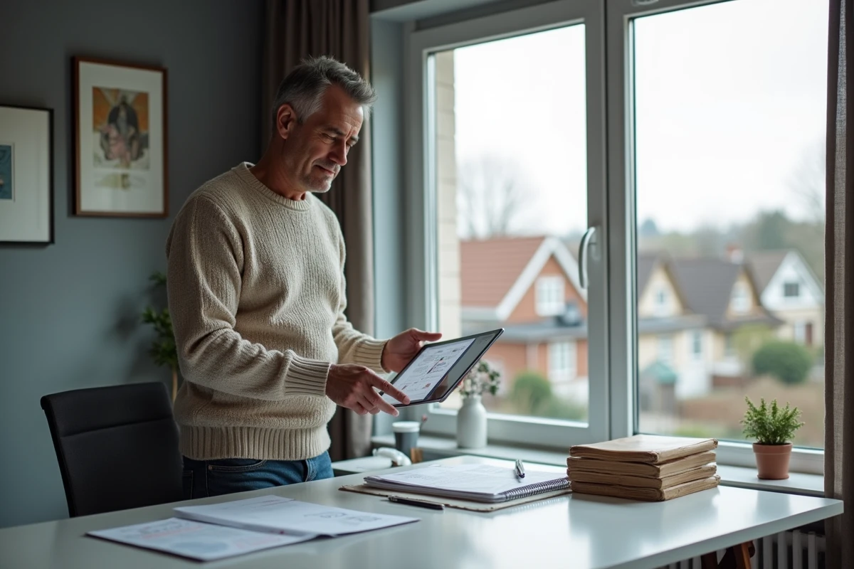 Homme triant des dossiers HR dans un bureau lumineux à la maison