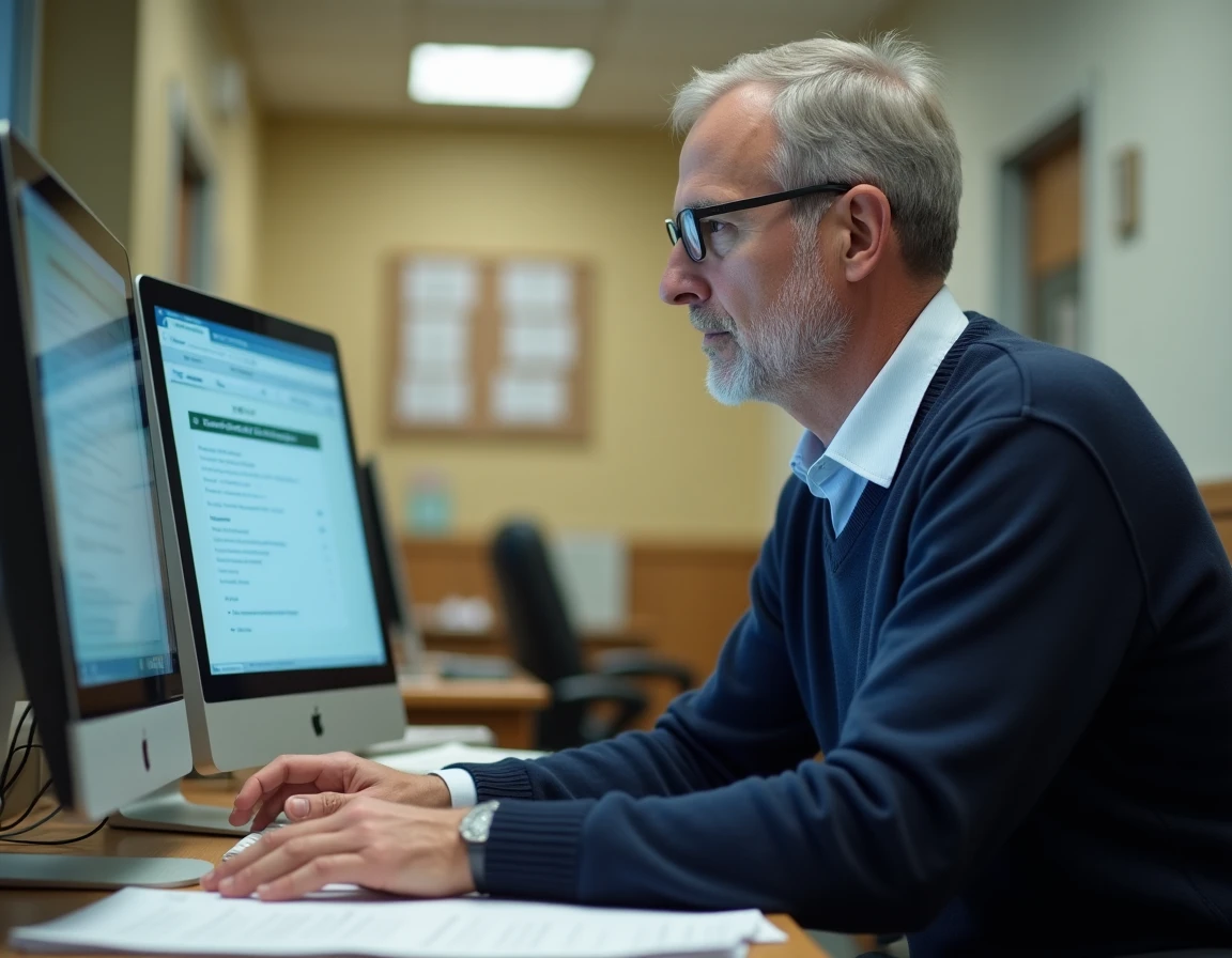 Homme consultant un portail de caisse de compensation en ligne dans un bureau administratif