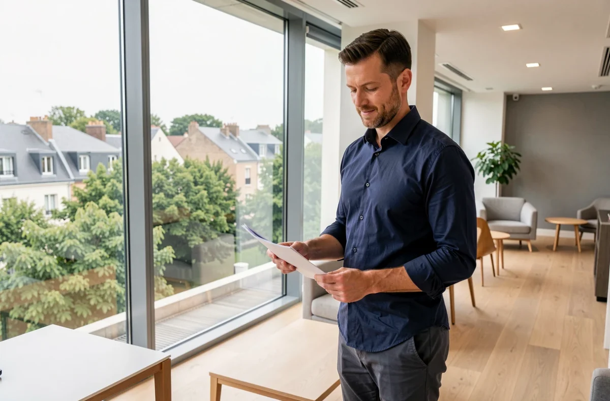 Homme en espace de coworking avec vue sur Saint-Cloud depuis une grande fenêtre