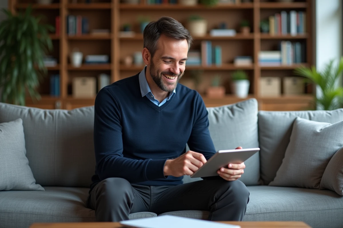 Homme détendu naviguant sur une tablette dans le salon
