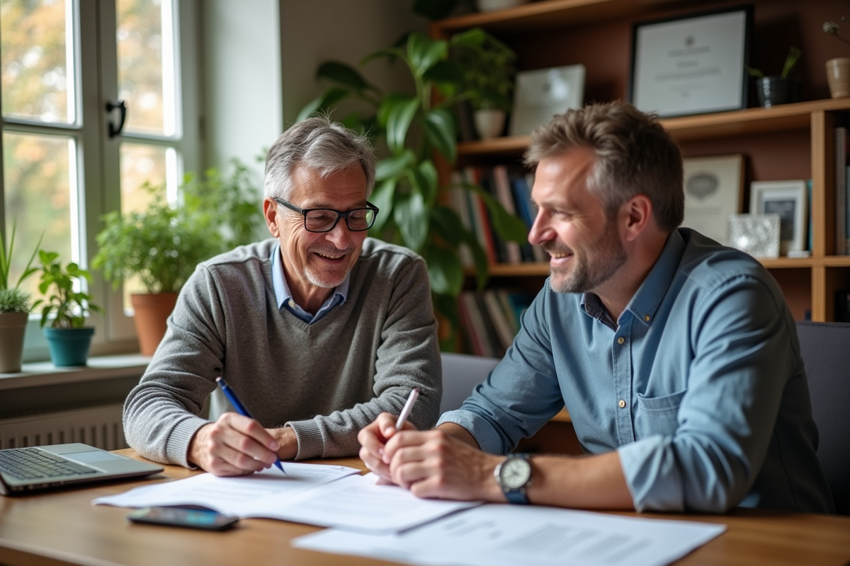 Homme signant un accord de licence dans un bureau lumineux