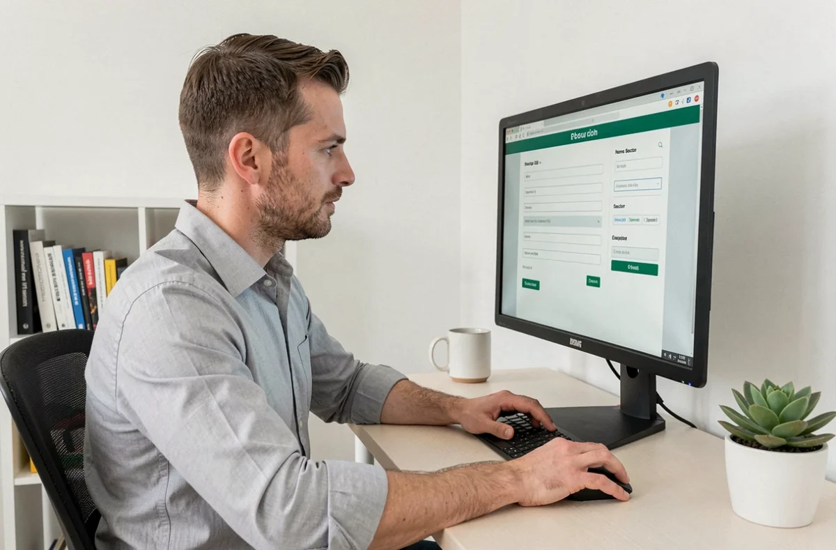 Homme en télétravail mettant à jour son profil de contact B2B sur un grand écran d'ordinateur dans un bureau épuré