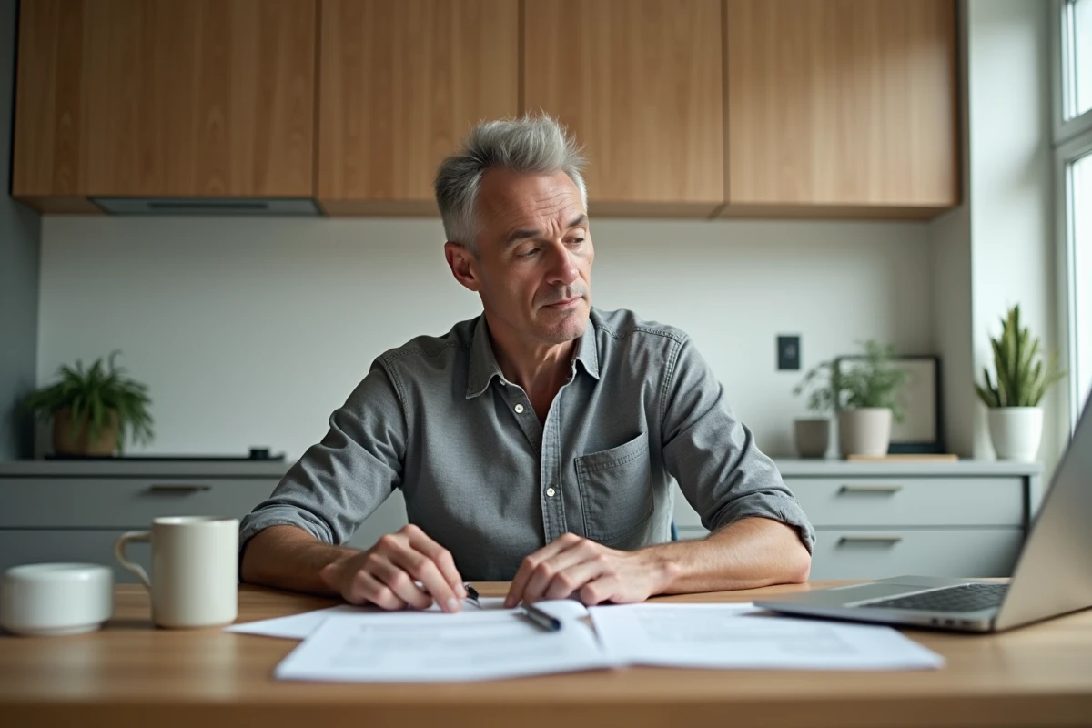 Homme en télétravail issu du secteur commercial, travaillant sur des documents et un ordinateur portable depuis son domicile, reconversion professionnelle