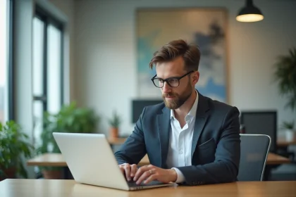 Homme d'âge moyen travaillant sur un ordinateur dans un bureau moderne